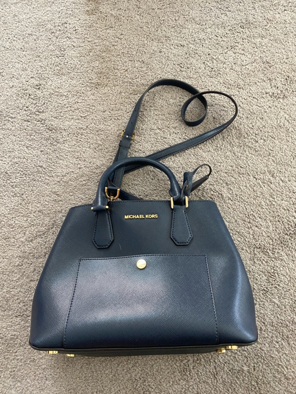 Michael Kors Navy Saffiano Leather Satchel with Gold Hardware